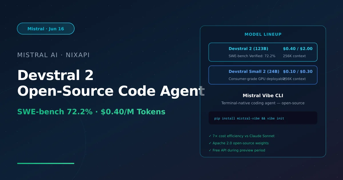 Mistral Devstral 2 — SWE-bench 72.2%, Apache 2.0 open-source, $0.40/M tokens